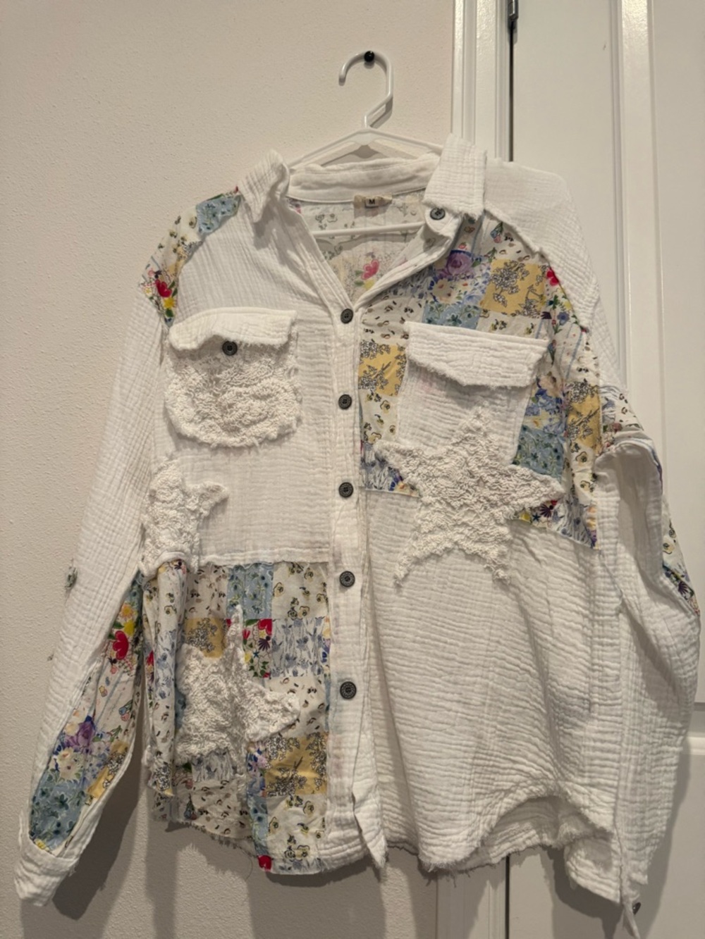 POL Patchwork Gauze Button Down Shirt Jacket Shacket Medium